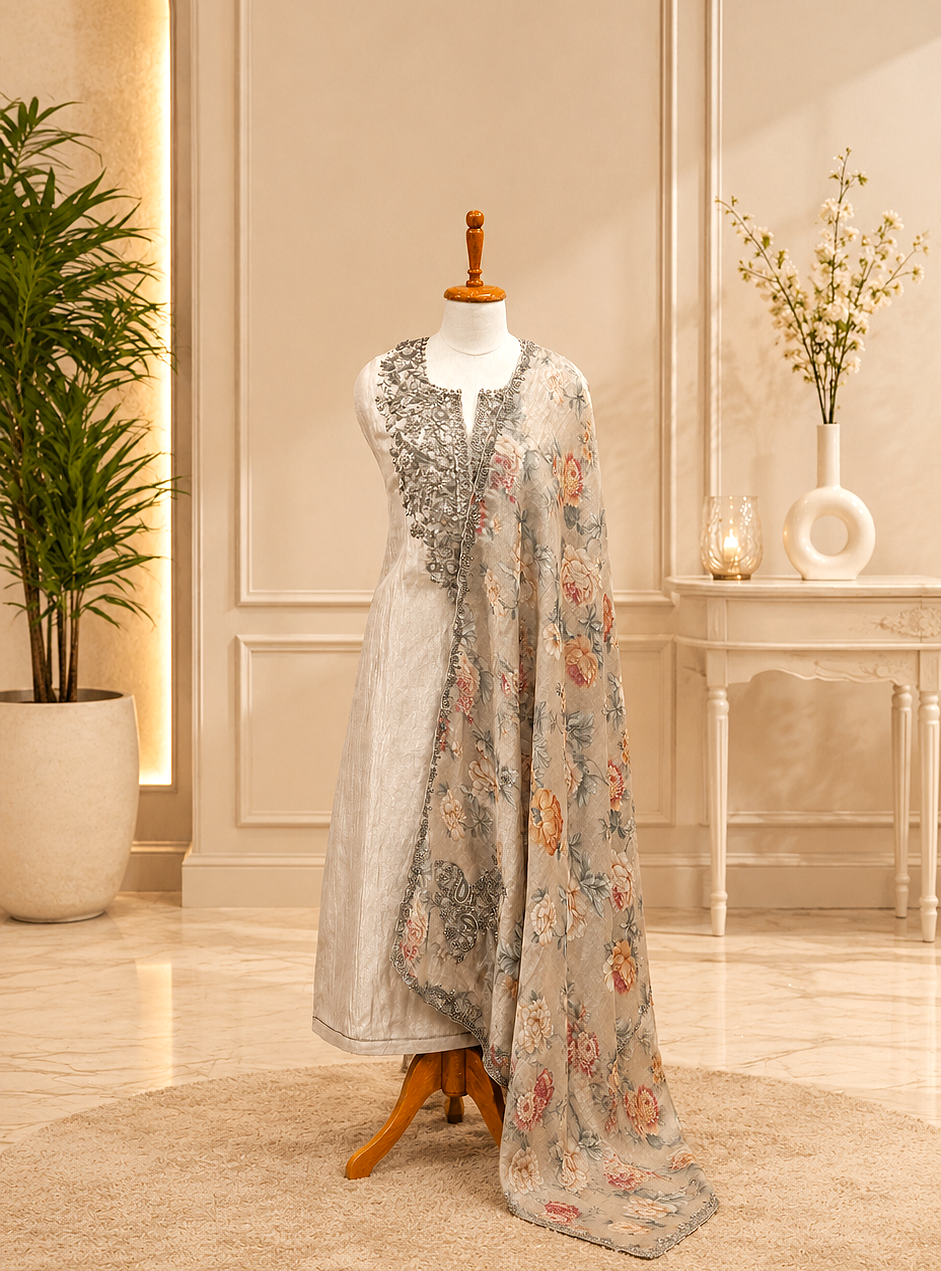 Ivory Floral Embroidered Suit Set with Printed Dupatta