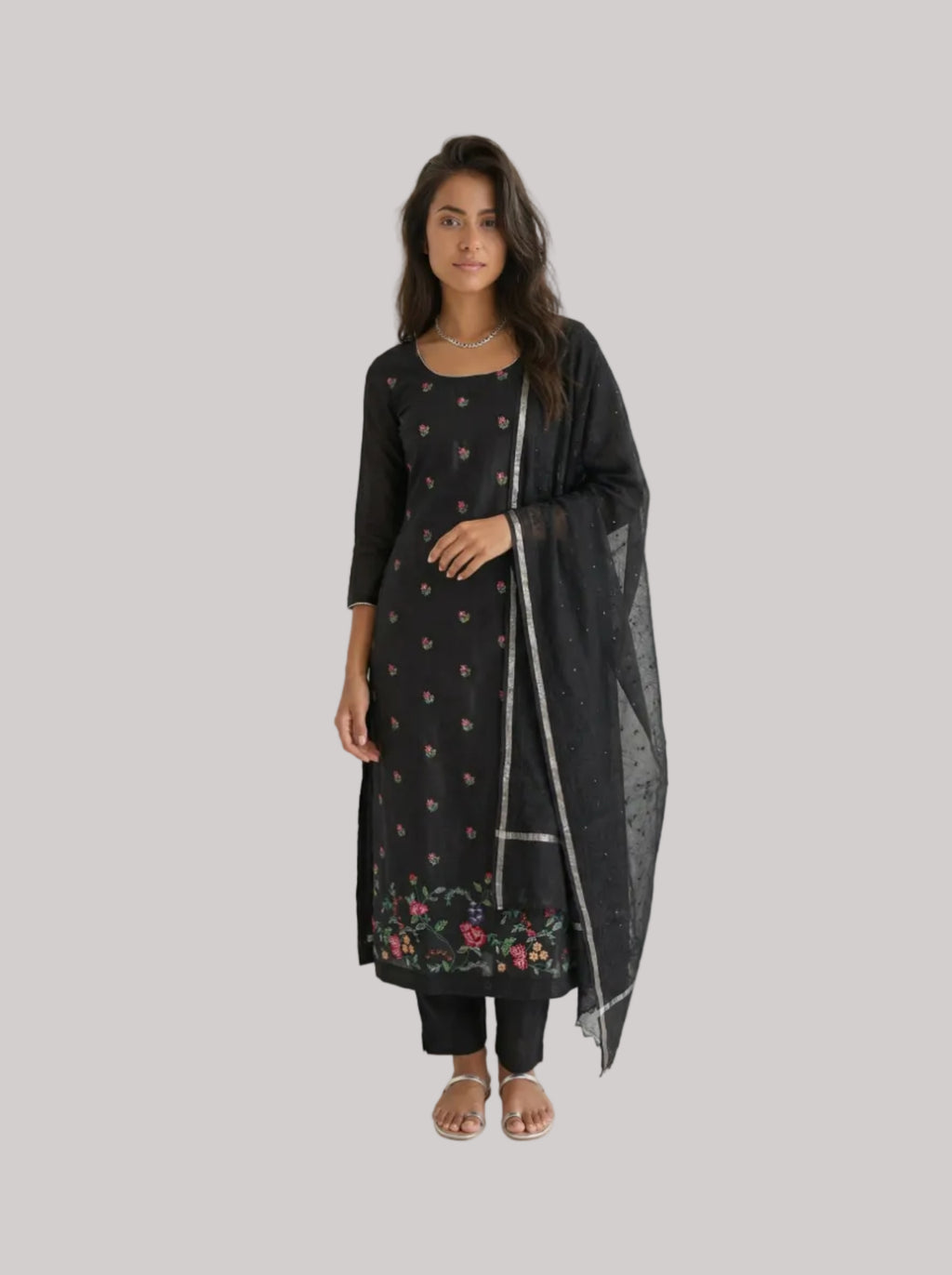 Black Silk Suit Set with Colorful Floral Embroidery and Woven Dupatta