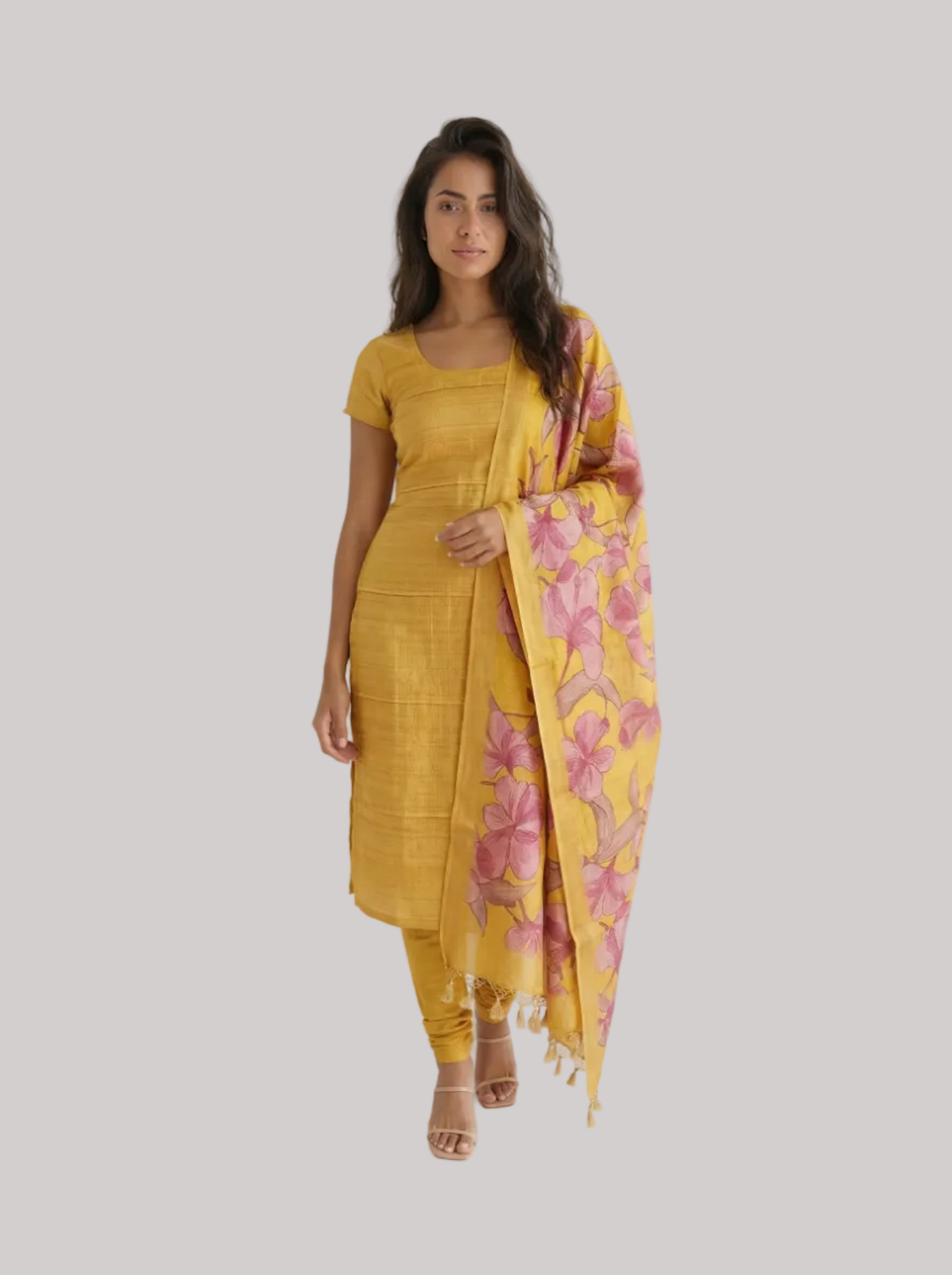 Mustard Yellow Silk Suit Set with Floral Printed Dupatta