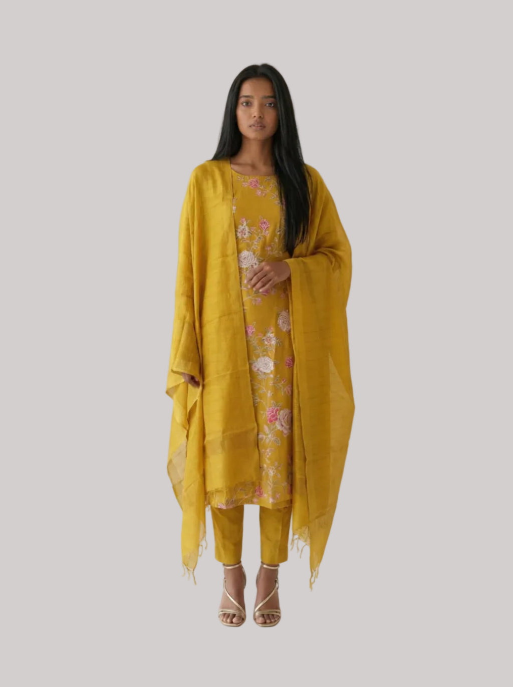Mustard Yellow Silk Suit Set with Traditional Floral Embroidery