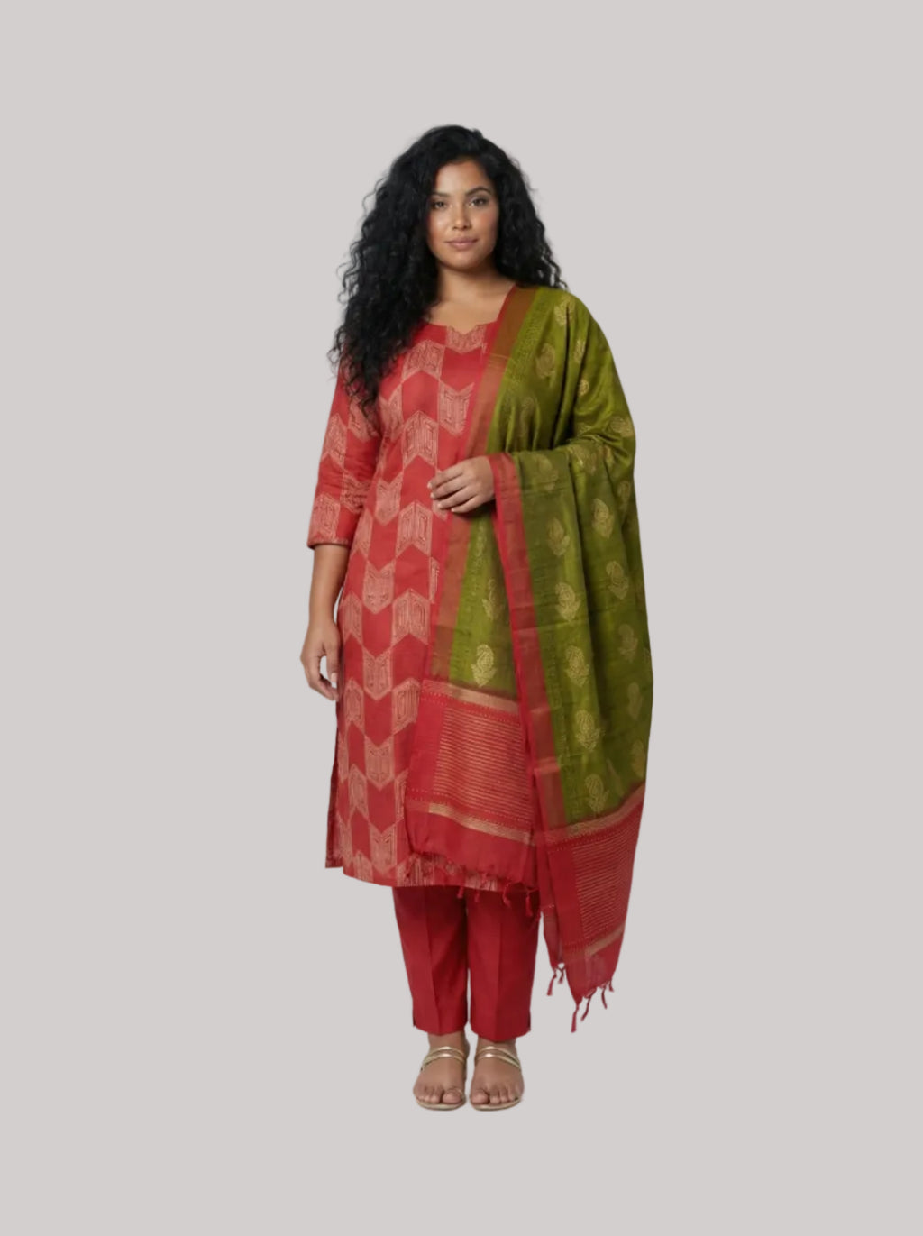 Red and Olive Green Silk Suit Set