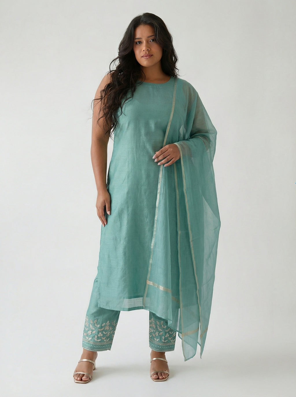Elegant Teal Silk Suit Set with Subtle Zari Accents
