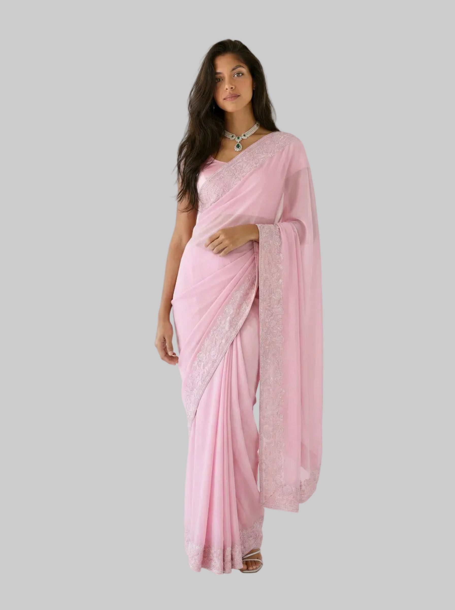 Pink  Floral Georgette Kardana And Zardozi Work Designer Saree