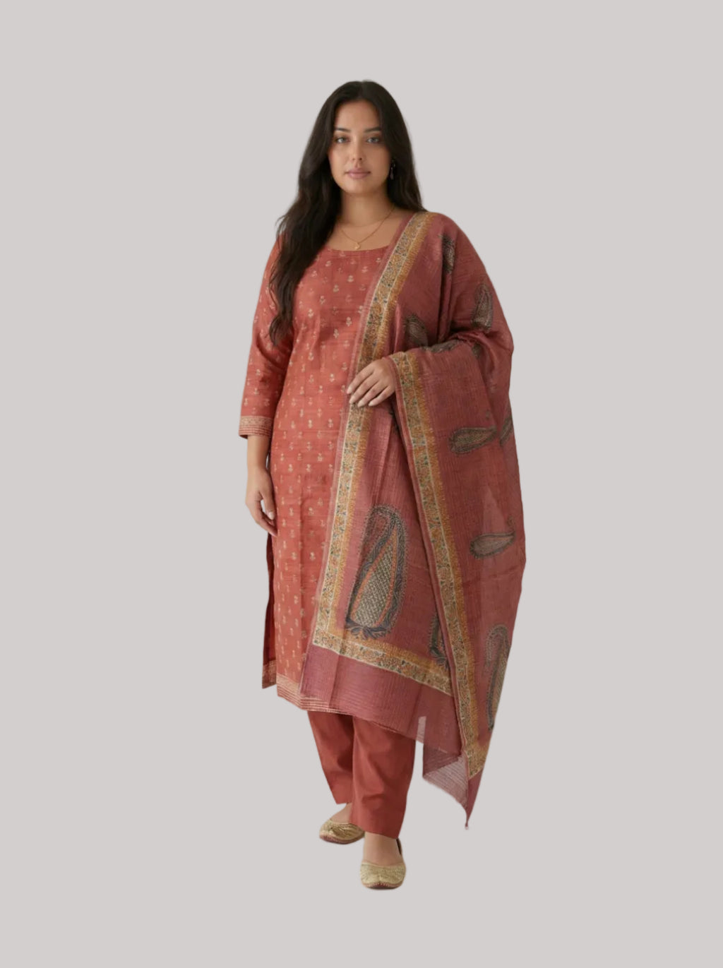 Dusky Rose Silk Suit Set with Traditional Printed Dupatta