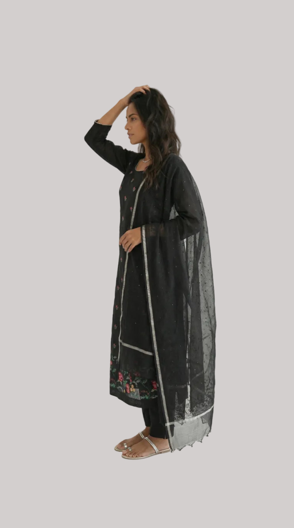 Black Silk Suit Set with Colorful Floral Embroidery and Woven Dupatta