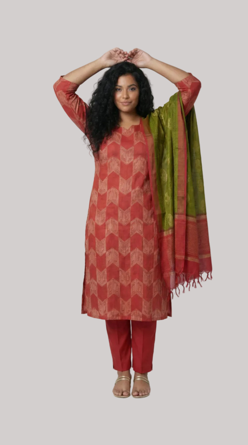 Red and Olive Green Silk Suit Set