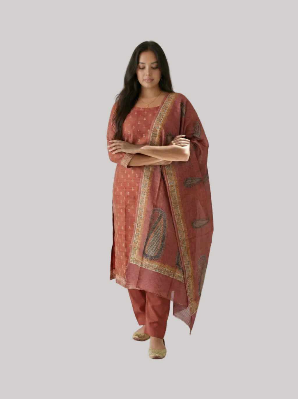 Dusky Rose Silk Suit Set with Traditional Printed Dupatta