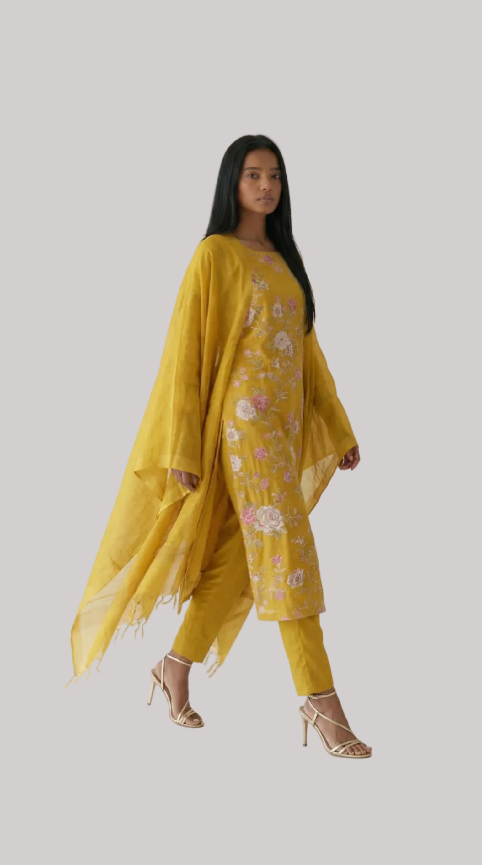 Mustard Yellow Silk Suit Set with Traditional Floral Embroidery