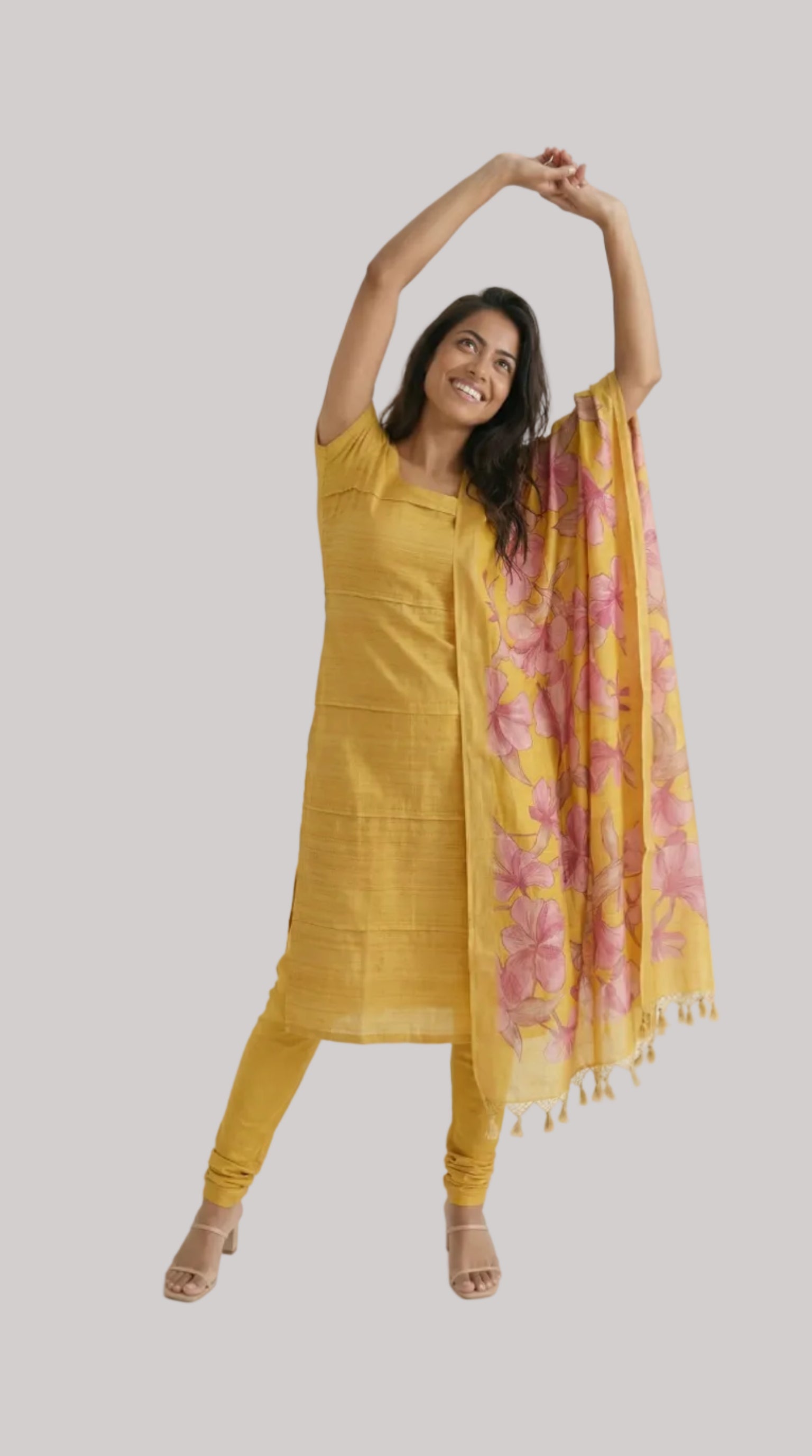 Mustard Yellow Silk Suit Set with Floral Printed Dupatta