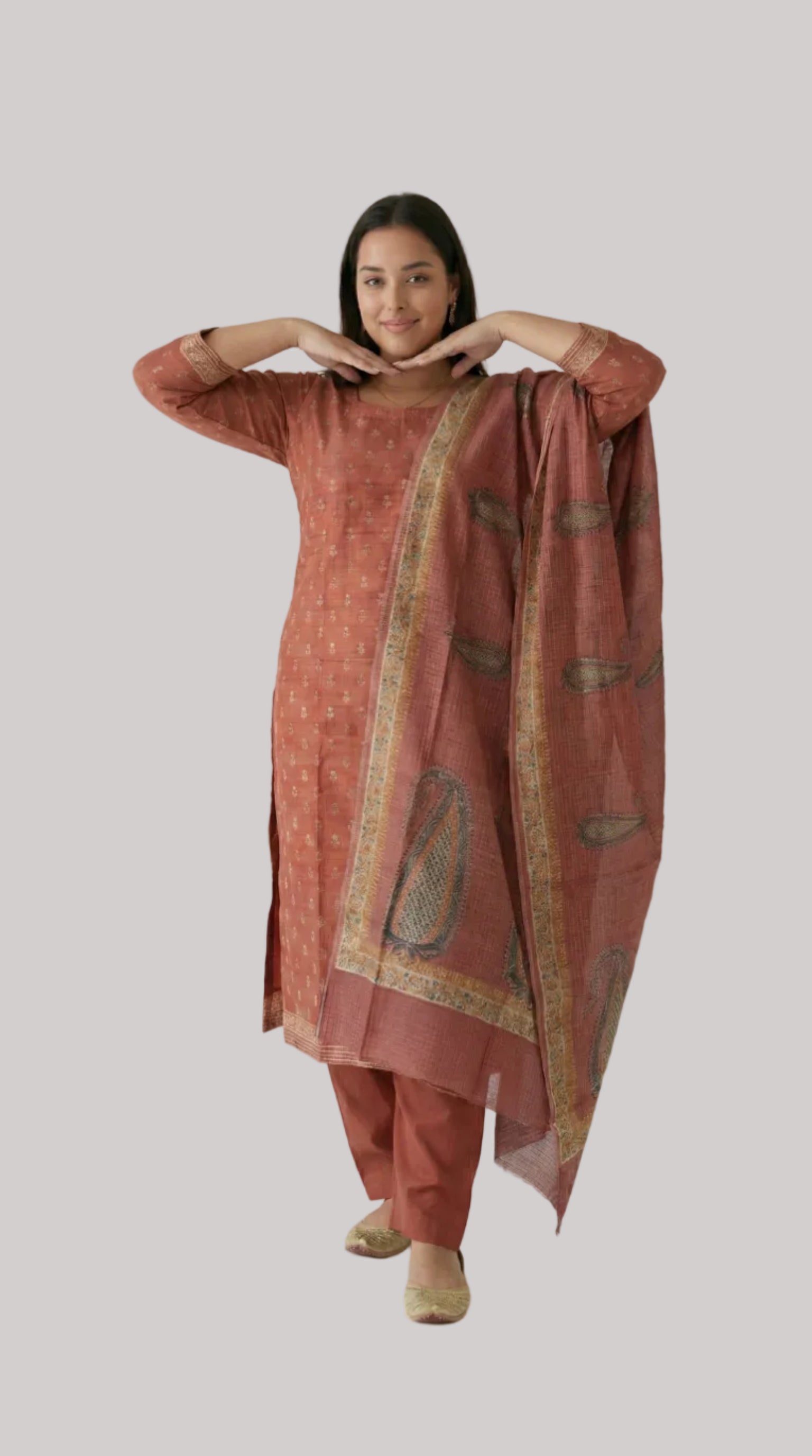 Dusky Rose Silk Suit Set with Traditional Printed Dupatta