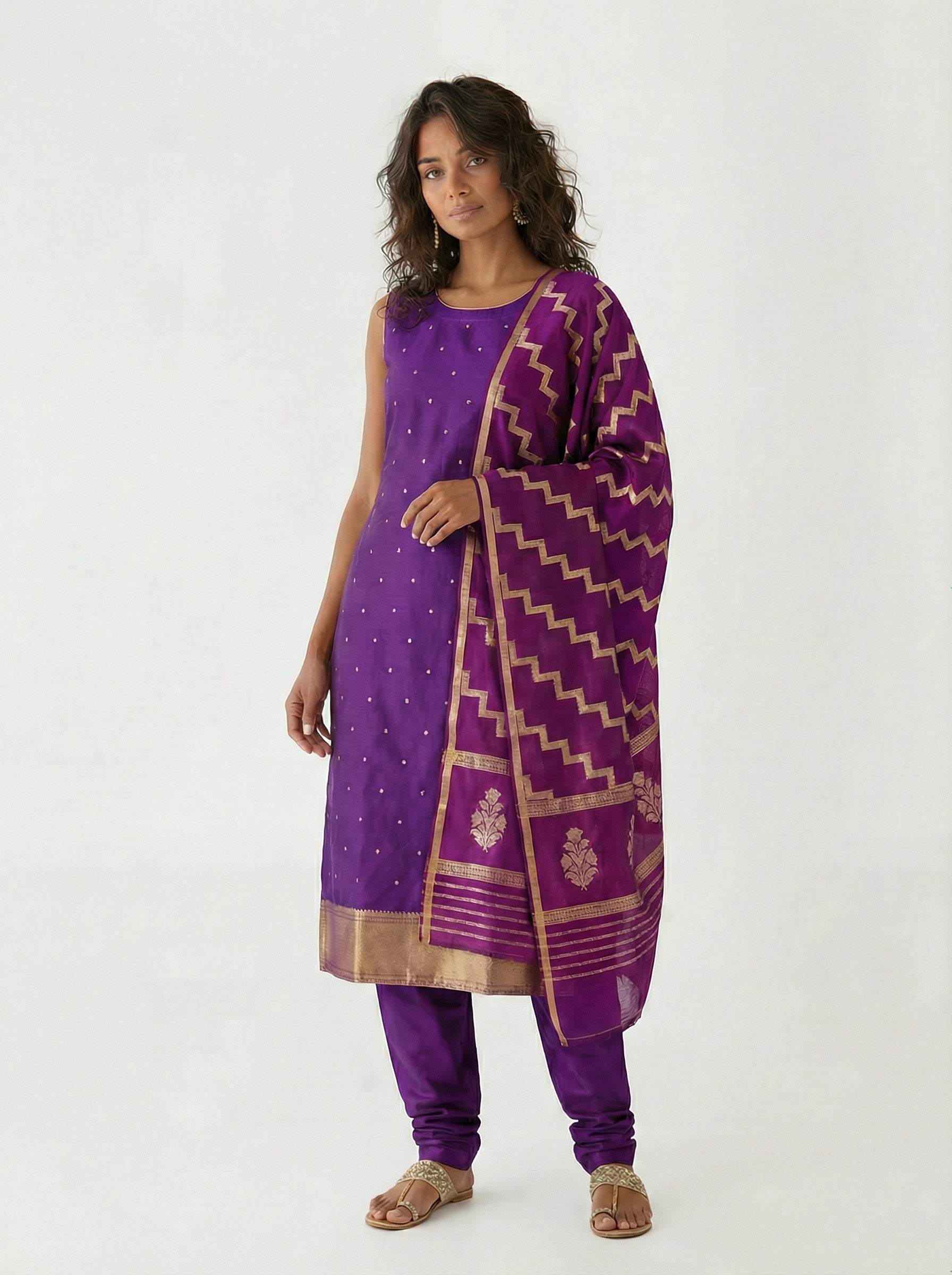 Royal Purple Silk Suit Set with Zigzag Zari Dupatta