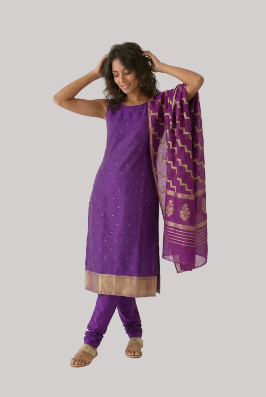 Royal Purple Silk Suit Set with Zigzag Zari Dupatta