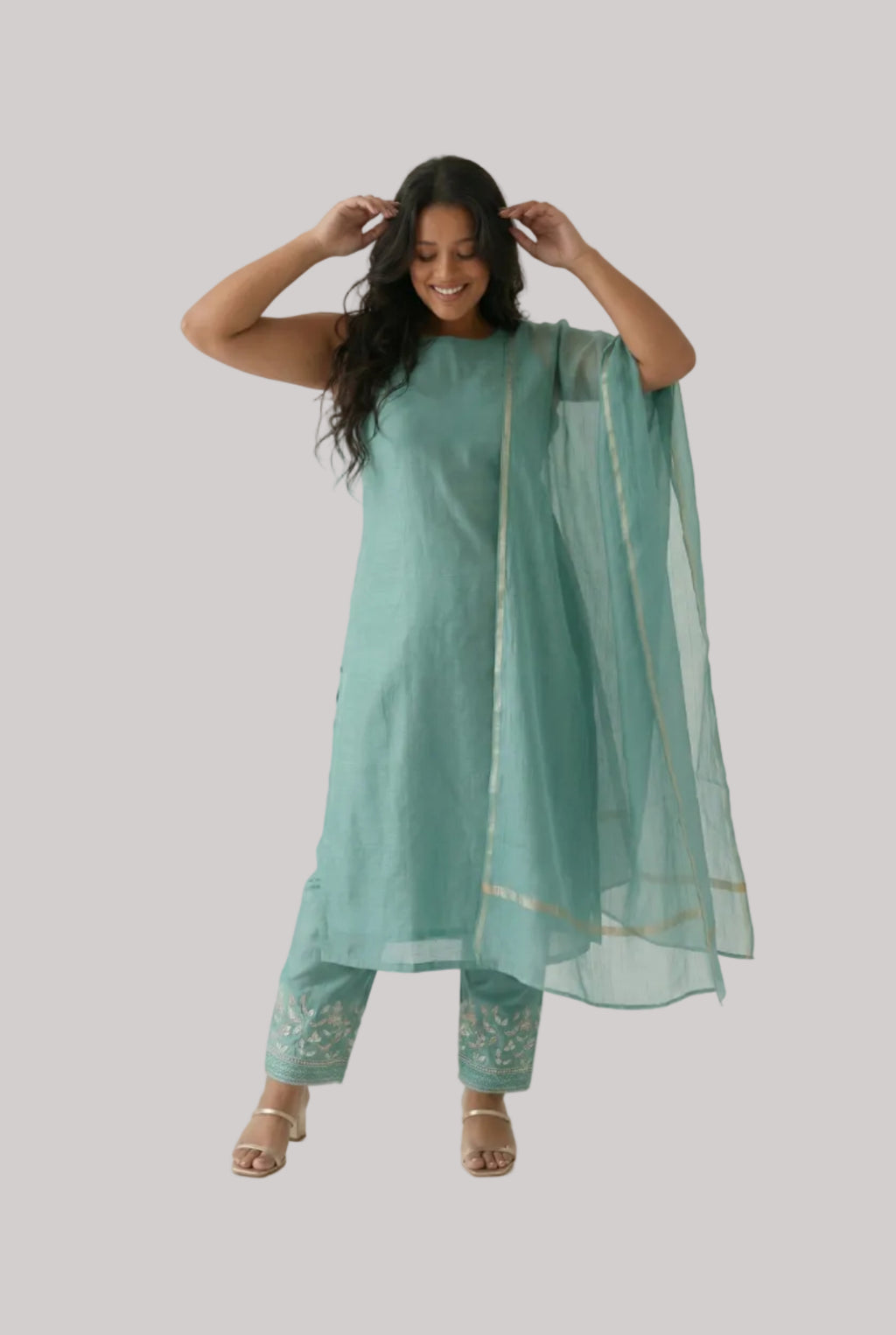 Elegant Teal Silk Suit Set with Subtle Zari Accents