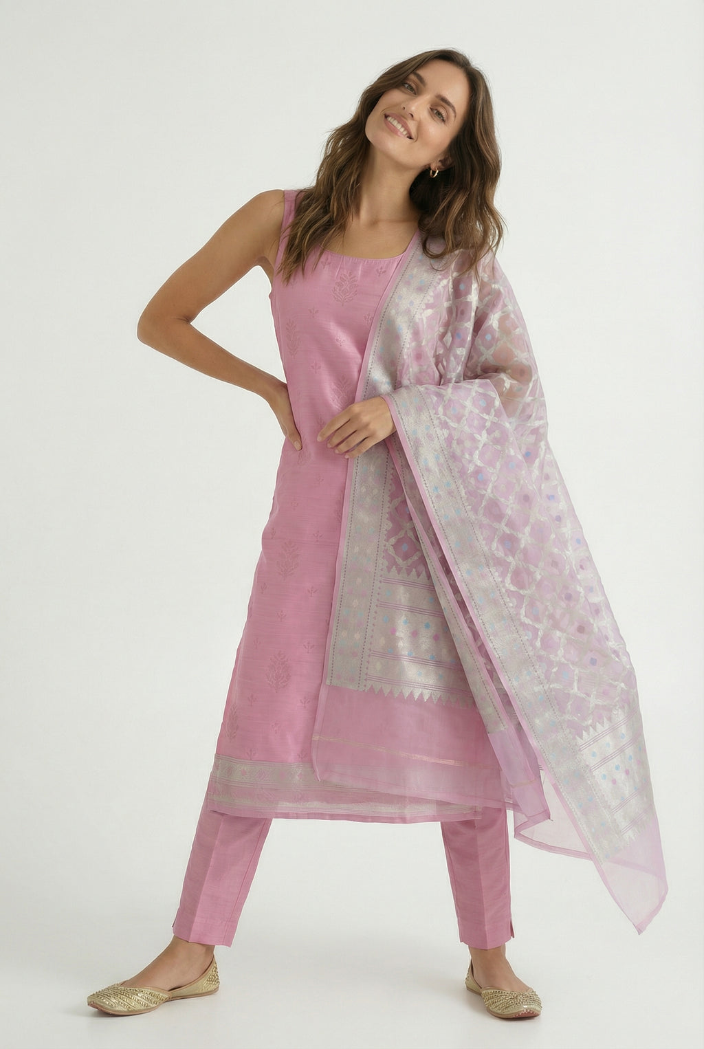 Pink Banarasi Silk Suit Set