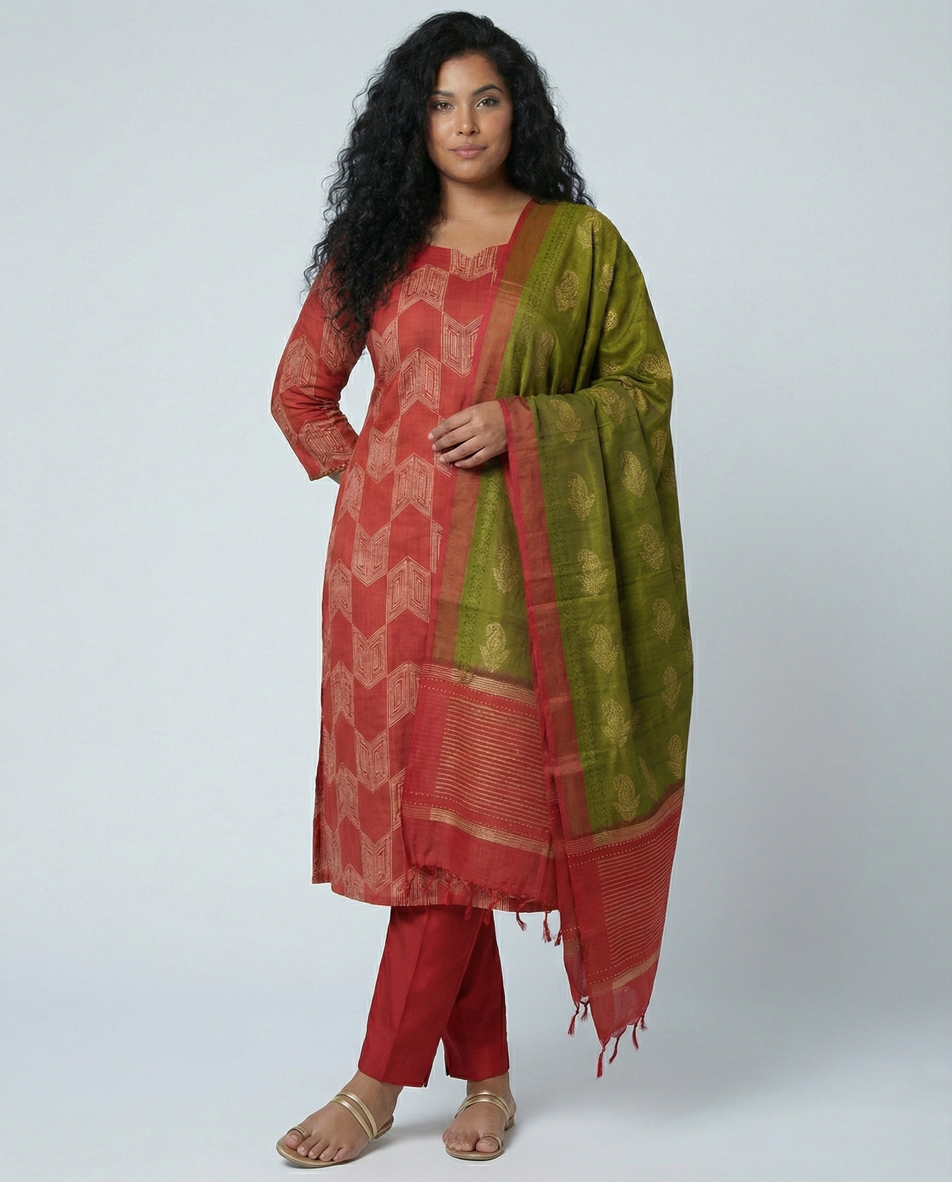 Red and Olive Green Silk Suit Set