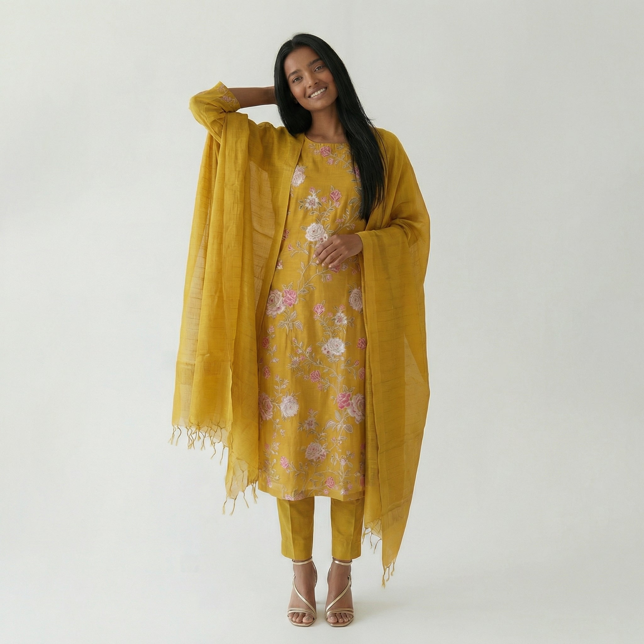 Mustard Yellow Silk Suit Set with Traditional Floral Embroidery