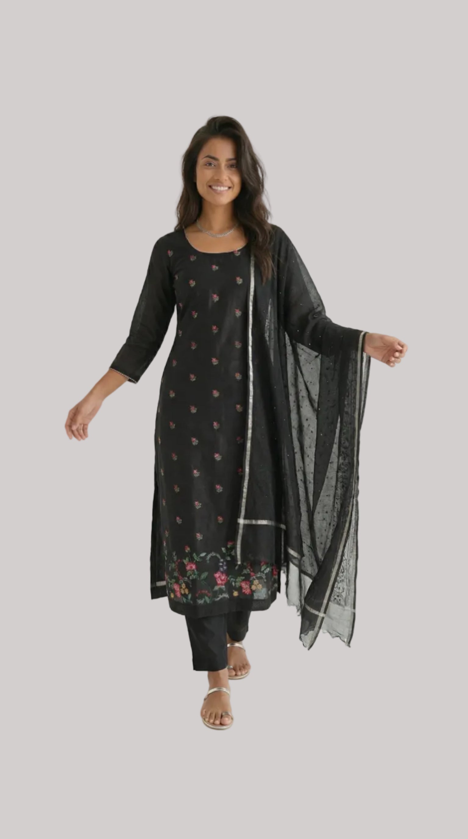 Black Silk Suit Set with Colorful Floral Embroidery and Woven Dupatta