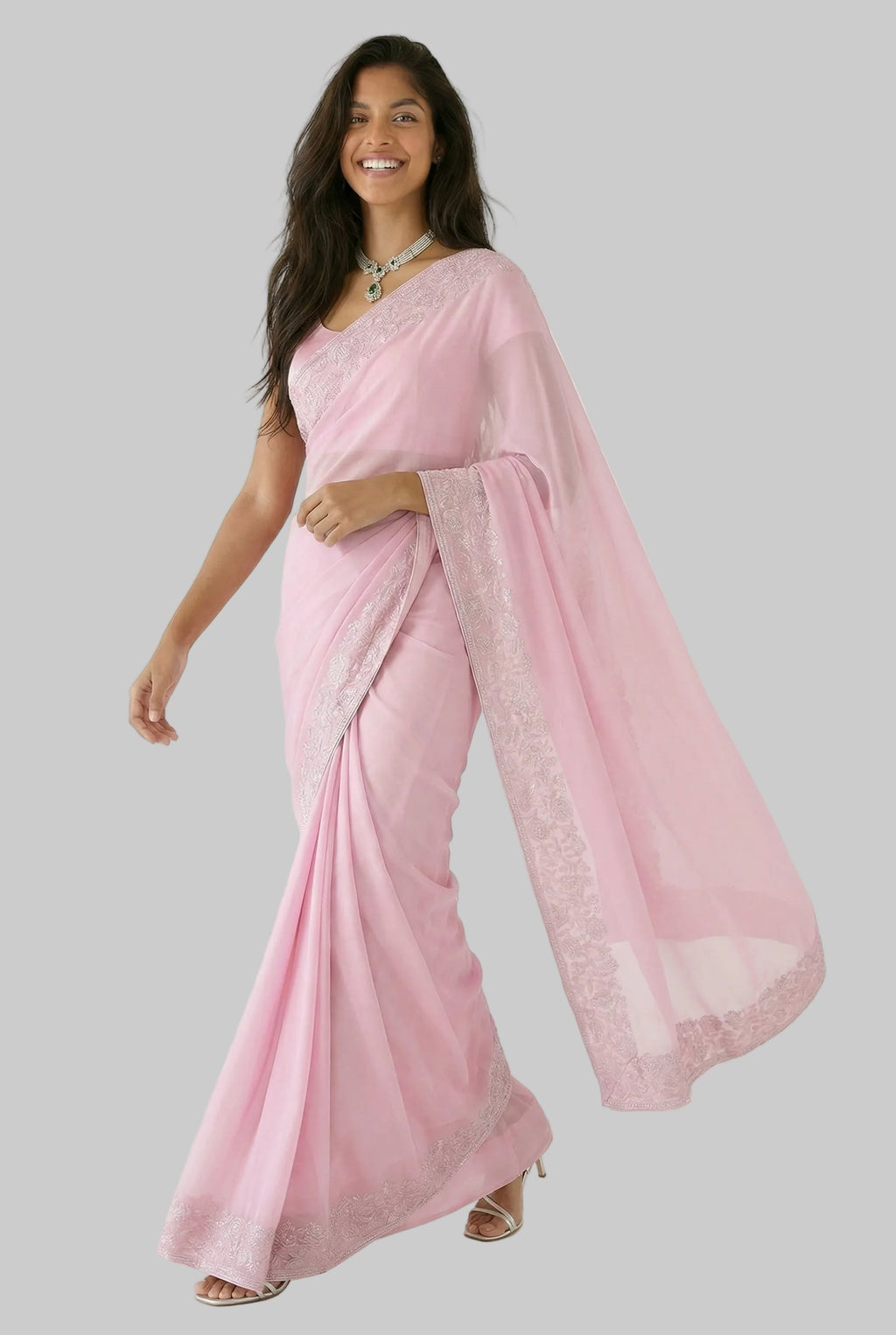 Pink  Floral Georgette Kardana And Zardozi Work Designer Saree