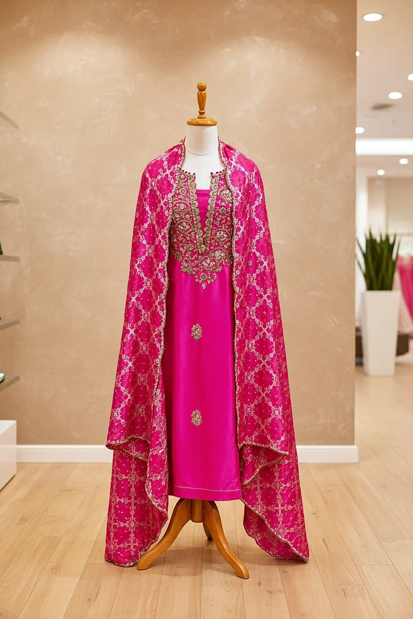 Fuchsia Pink Embroidered Suit Set with Ornate Dupatta